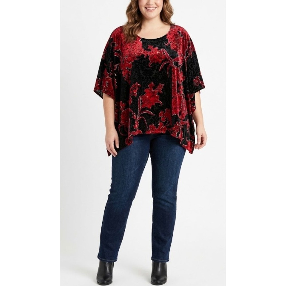 Travel Elements Poncho Top 1X Red Black Velvet Burnout Floral Kimono Blouse
